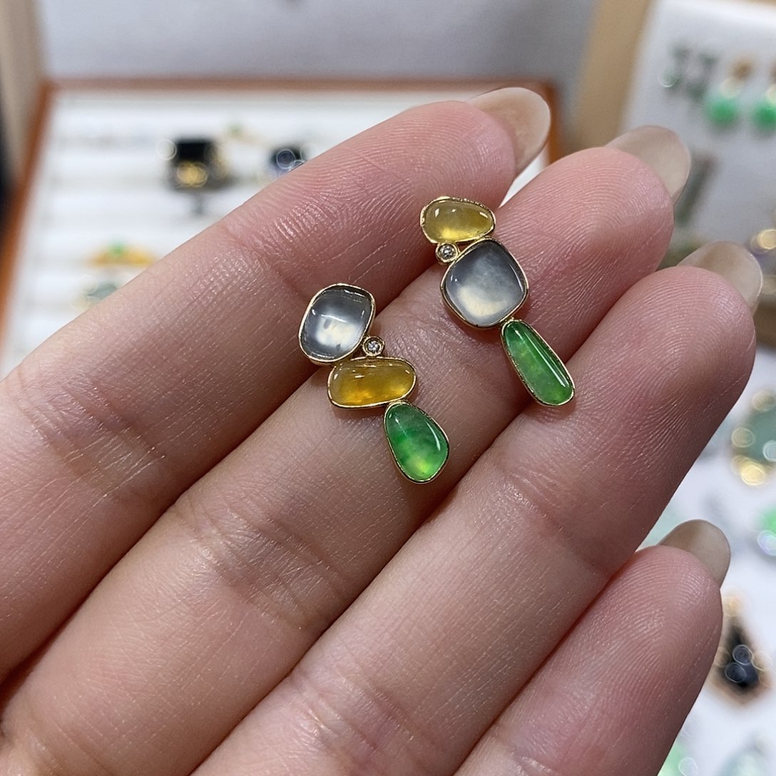 翡翠18K金镶嵌耳饰多宝糖果耳钉 48小时鉴赏