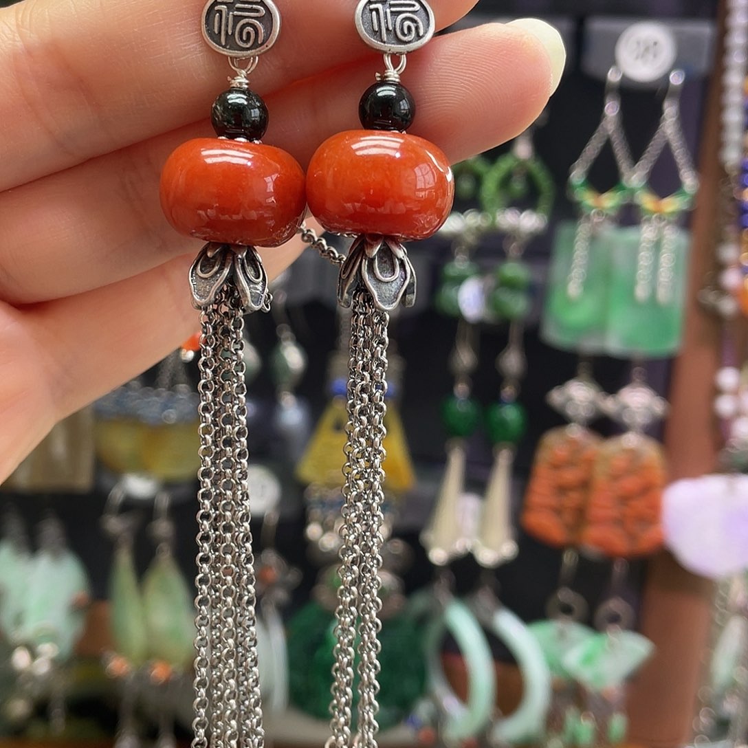 牵***花翡翠银S925镶嵌耳饰543hbhh