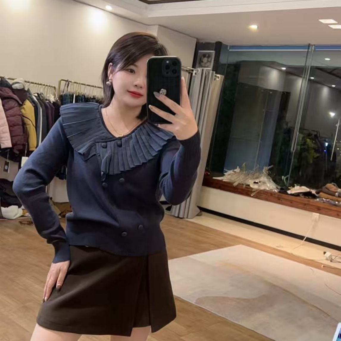 秋冬新款荷叶边v领针织毛衣9217