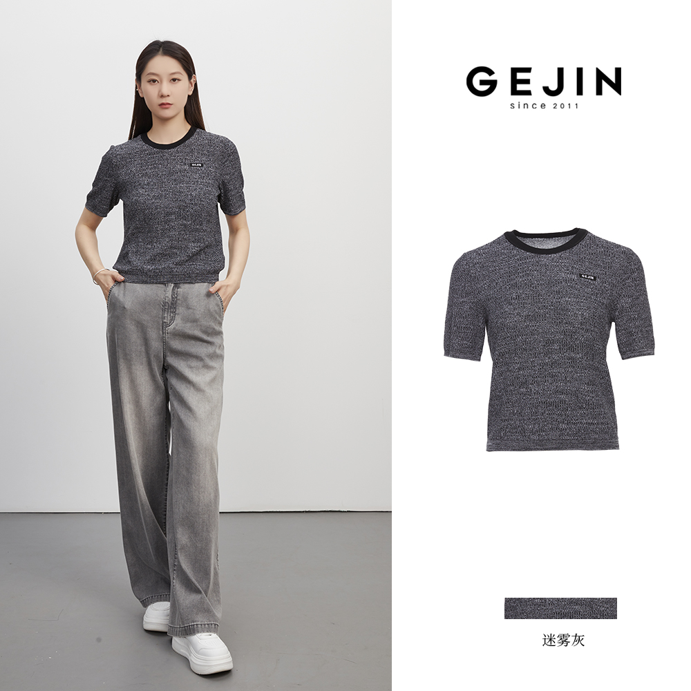 GEJIN/歌锦新款休闲时尚减龄百搭灰色花纱针织短袖9312560435