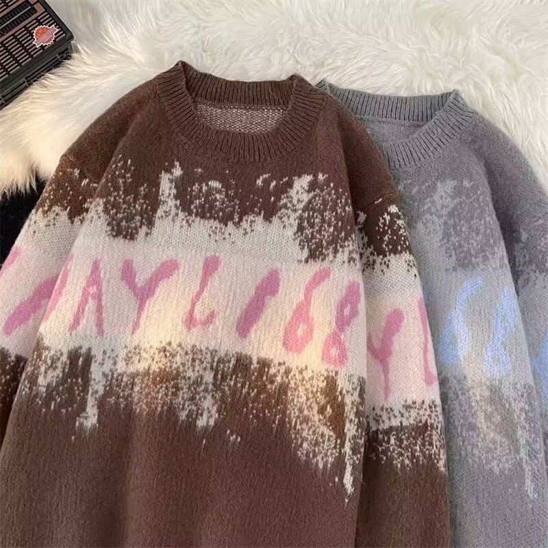 5604-BY秋冬季圆领毛衣男女针织衫潮牌帅气宽松百搭上衣打底衫