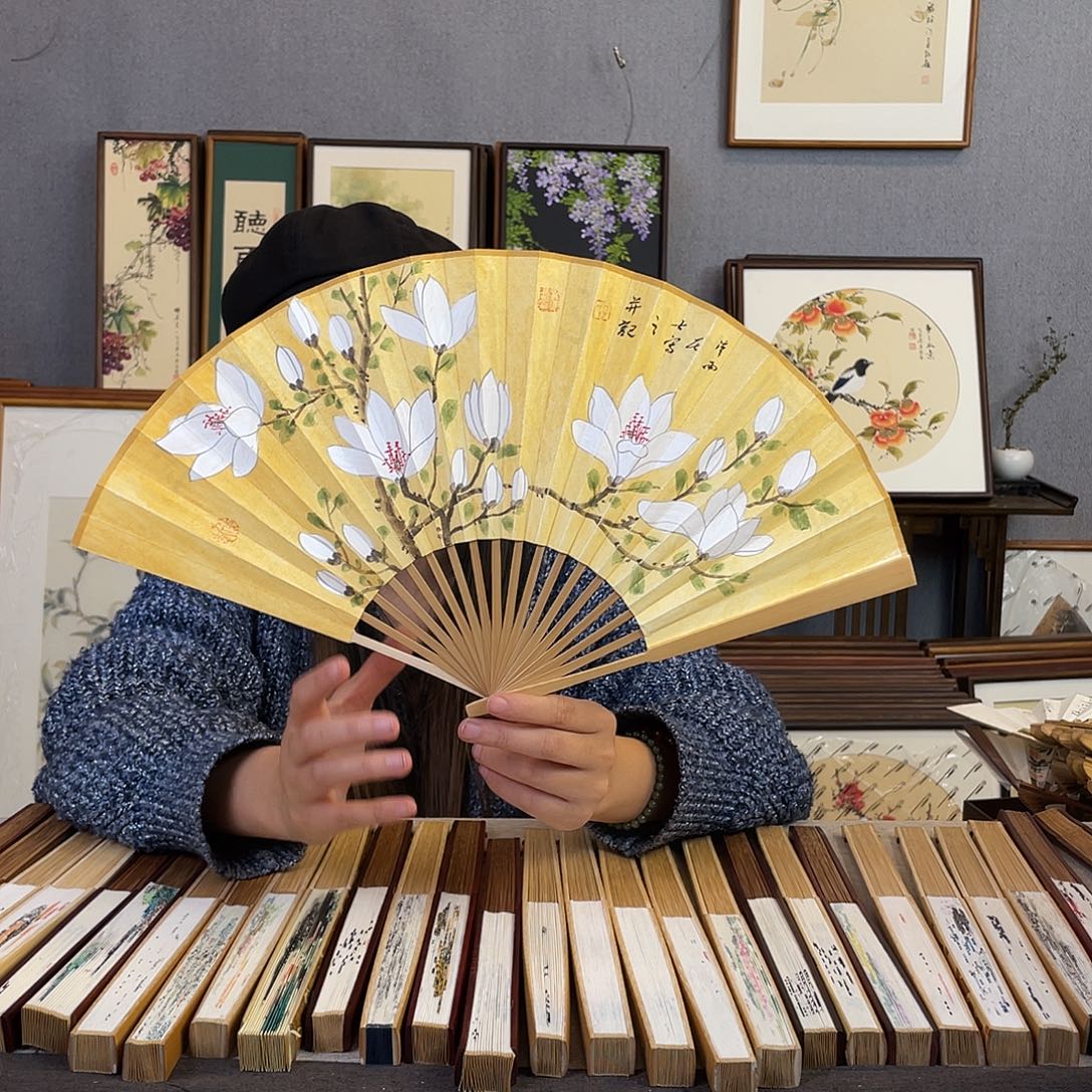 国画8寸玉竹-纯手绘-文玩扇骨（默认粘好）