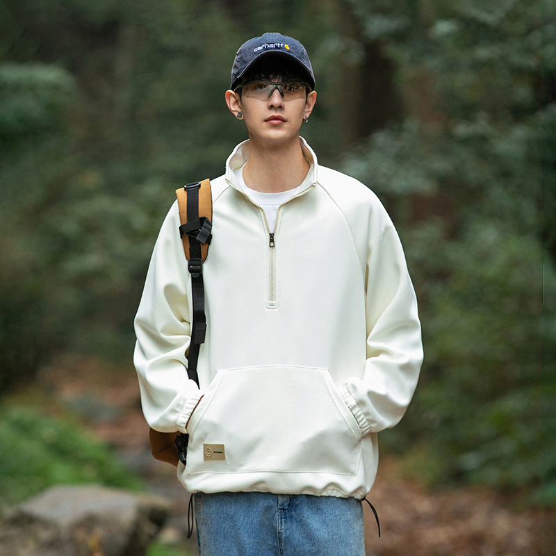 【柏林服饰】 BL- 秋冬新款男装重磅半开衫立领套头纯色卫衣日系