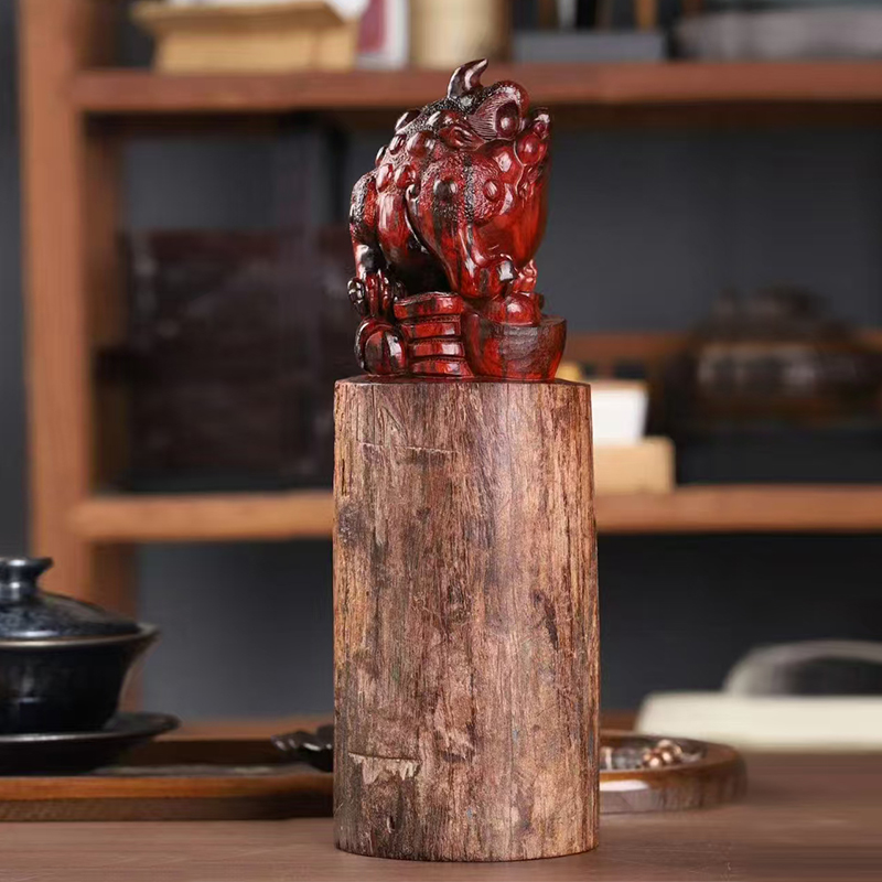 印度小叶紫檀三足金蟾风水柱摆件木雕工艺品古风中式客厅送礼
