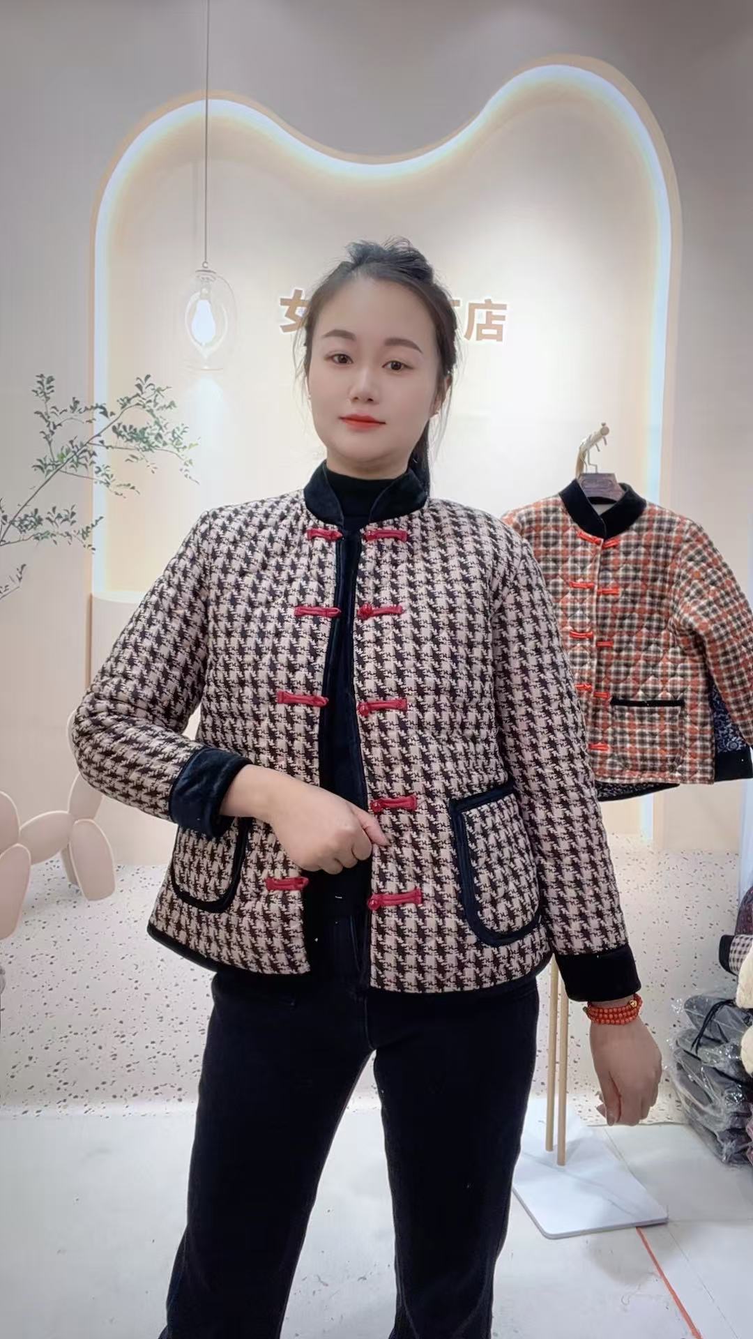 咖色千鸟格加绒加厚国风盘扣款