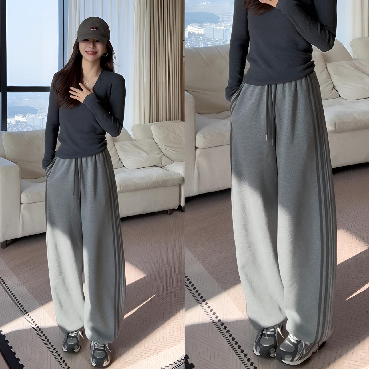 【余欢欢】冬季百搭松紧腰头拼接束脚长短款加绒卫裤-YHK50476