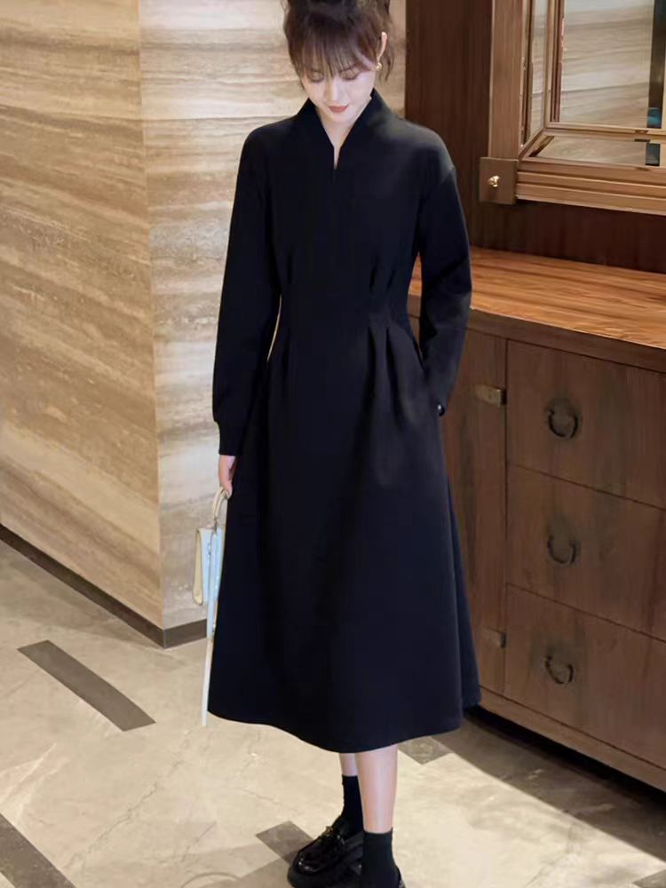 长袖秋冬常规拉链V领冬季连衣裙女士宽松韩版秋季