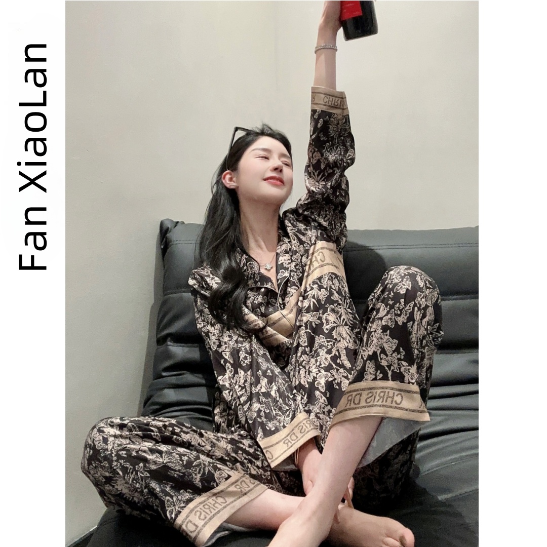 2025春秋新款黑金轻奢睡衣女长袖长裤家居服可外穿两件套简约