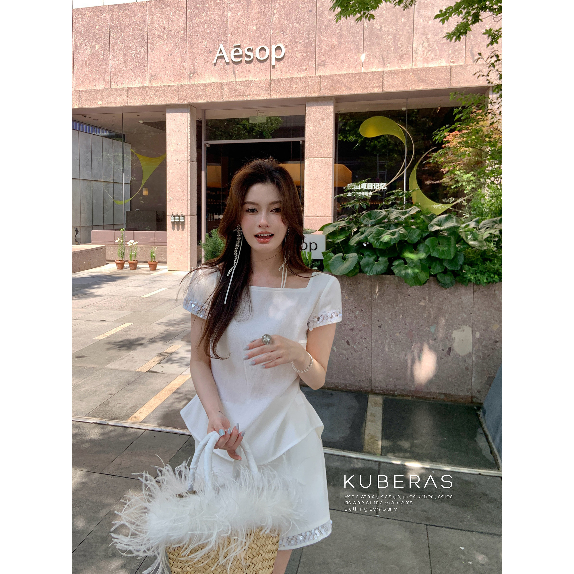 KUBERAS 小众高级感亮片拼接短袖露背T恤上衣直筒长裤短裙套装