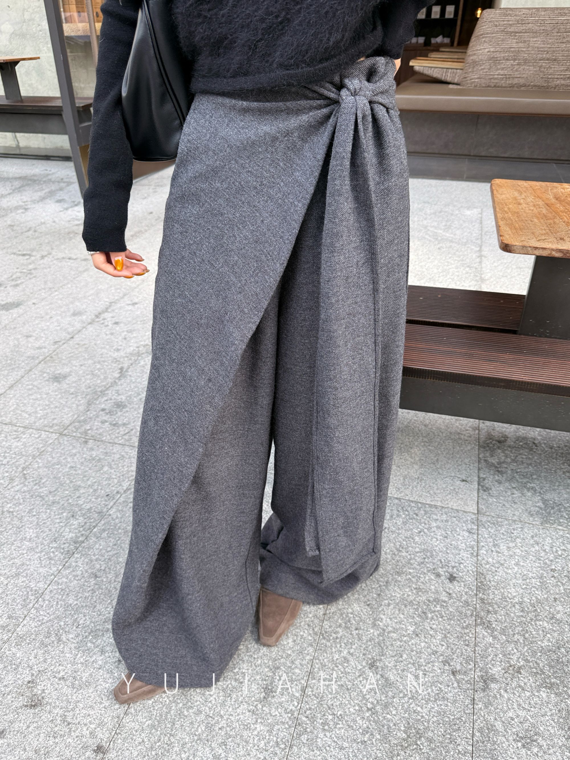 YUJIAHAN「艺术扭结」羊毛设计感绑带高腰百搭休闲拖地直筒阔腿裤女