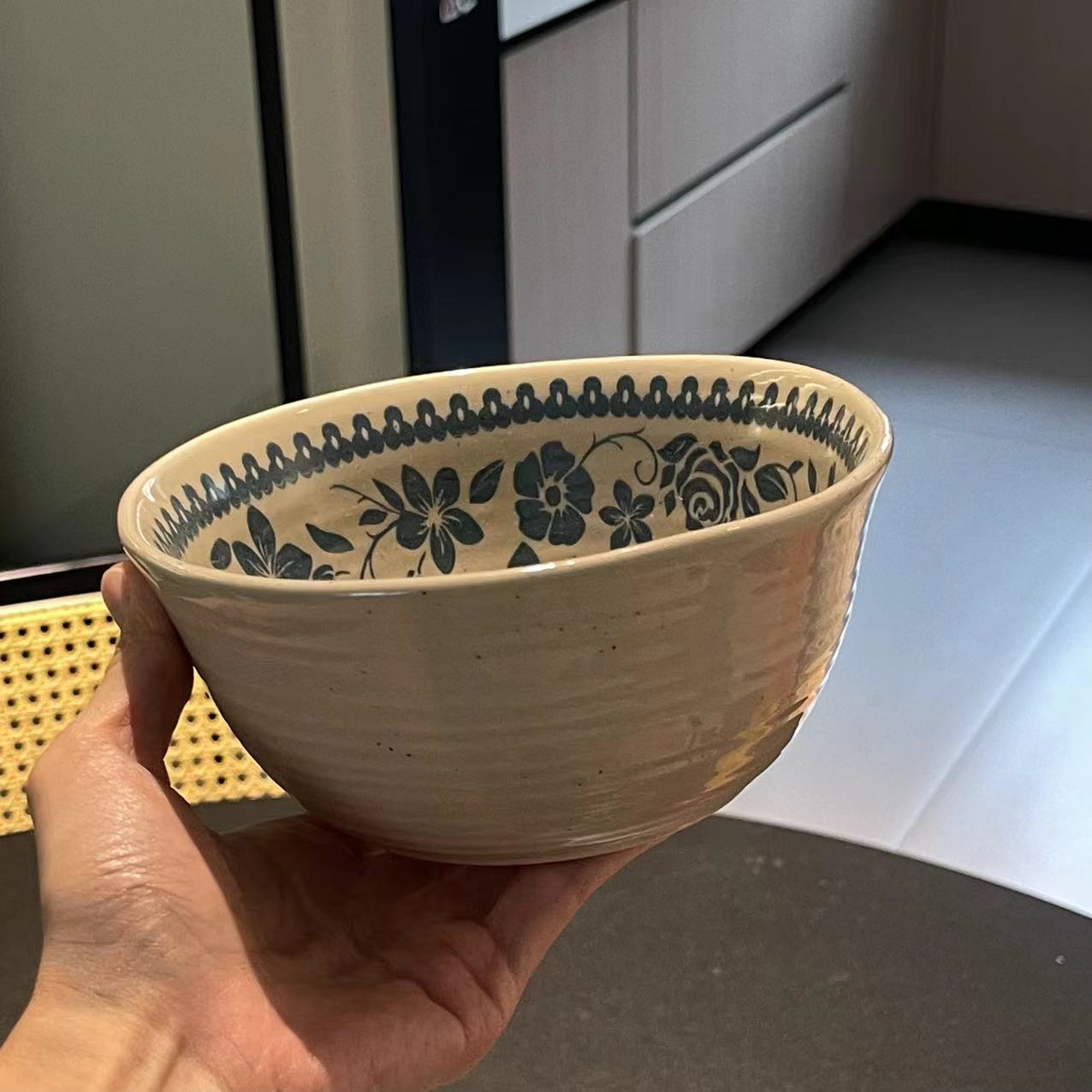 w195 ins风陶瓷复古釉下彩印花汤碗6英寸异形碗 微瑕 凑满20发货