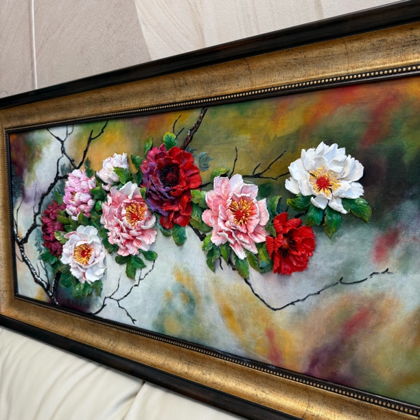 花开富贵浮雕画课厅沙发背景复古装饰画尺寸50*100