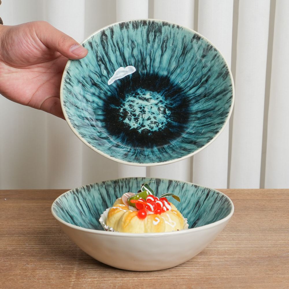 【正品】菜碗釉下彩陶瓷碗窑变深绿流釉冰裂纹异形日式复古家用G2B