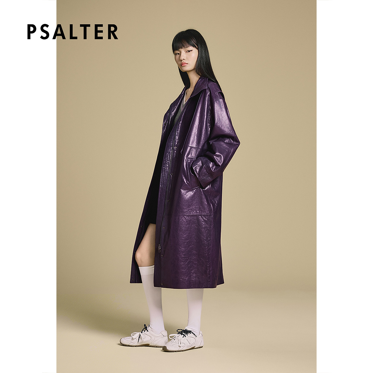 PSALTER诗篇宽松亮面皮衣外套长款复古风立领皮衣2025冬季新款