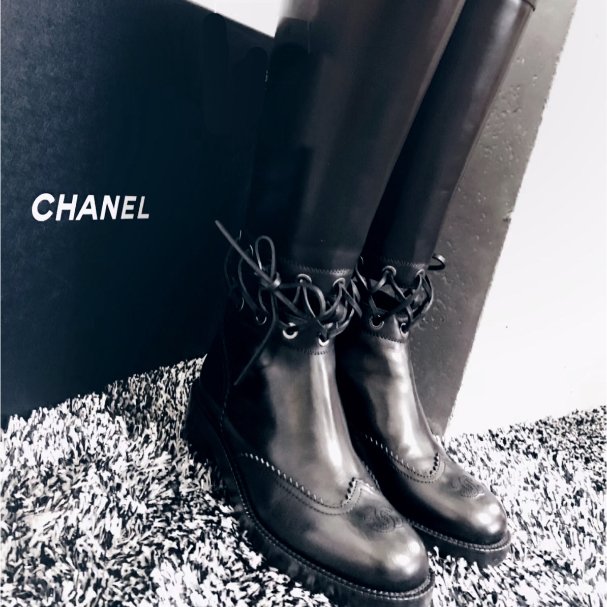 99新 Chanel/香奈儿 香奈儿黑色皮穿绑带长筒靴37码