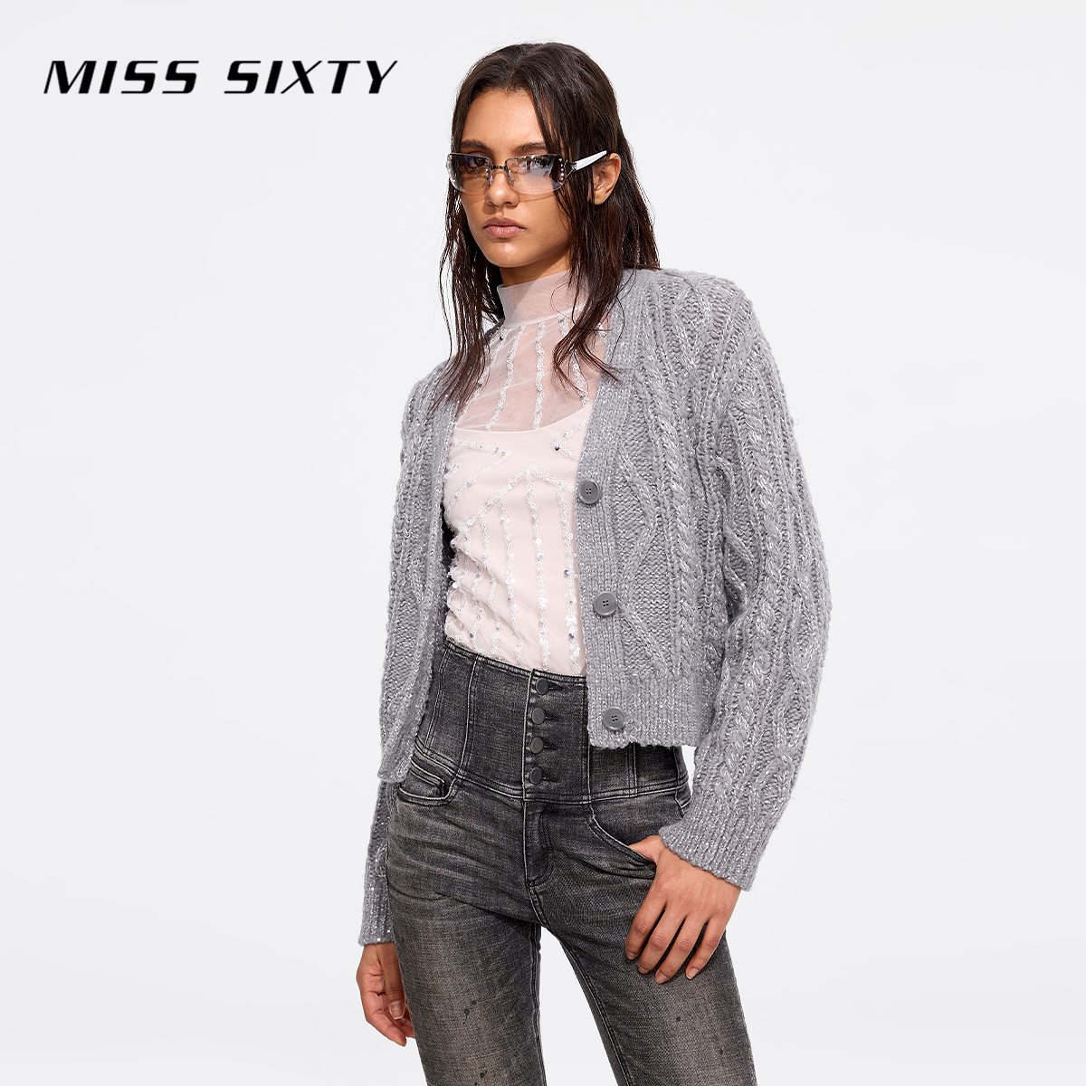 【商场同款新品】Miss Sixty25春新款针织外套女麻花格雷系慵懒风