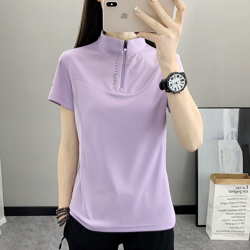 百搭快干体能T恤短袖女速干透气薄款纯色半拉链户外休闲运动潮流