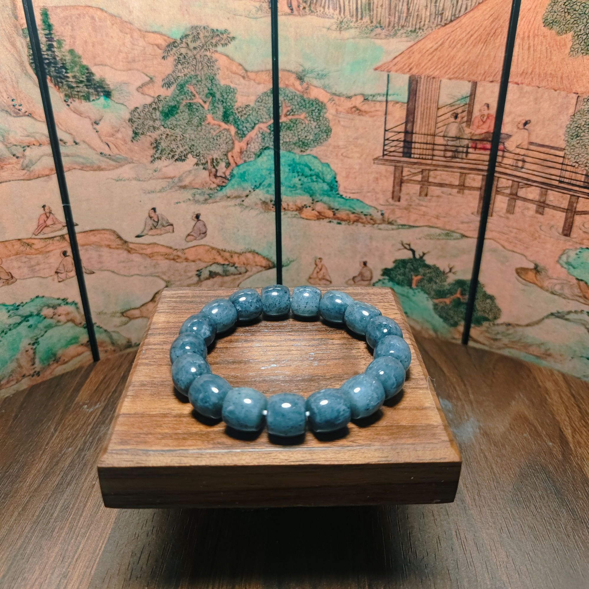 F和田玉青花桶珠手串（卡12）0647