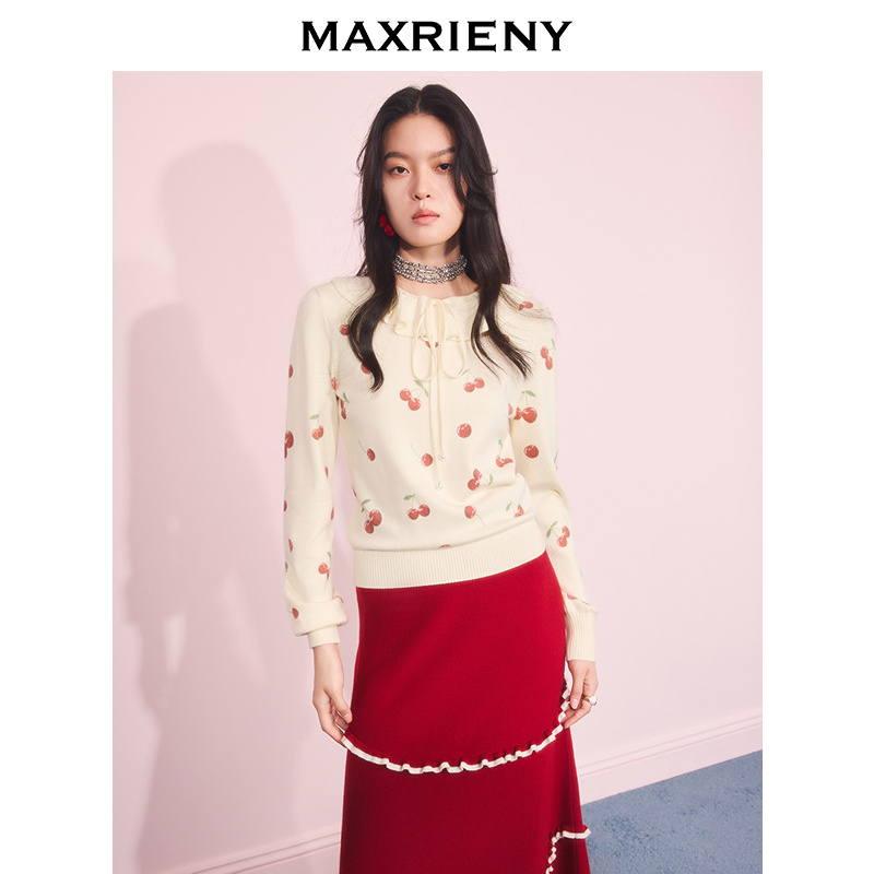 MAXRIENY法式印花套头针织衫25冬蝴蝶结绑带设计收腰长袖上衣秋冬