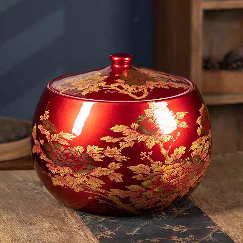 ZY-DP-A79中国红水晶釉牡丹花多功能储物罐+底座高25厘米宽25厘米