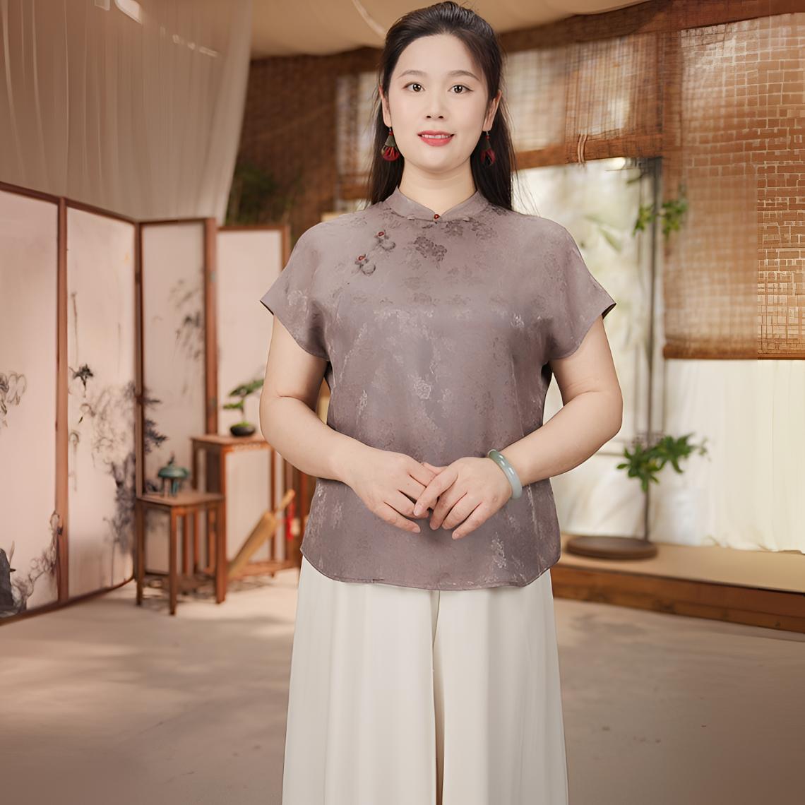 【云舒】6A级桑蚕丝薄款新中式国风古风女装禅意茶服 短袖夏季