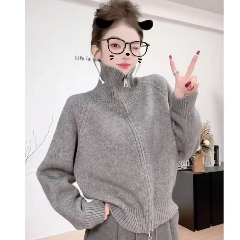 【绵羊绒】韩系穿搭双拉链高领灰色毛衣外套女设计感针织开衫上衣