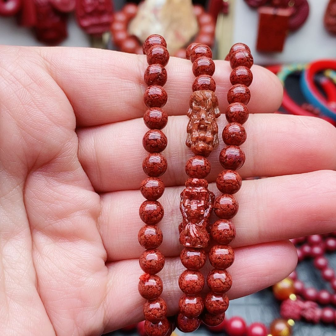 天然辰砂晶体砂卡六双貔貅三圈