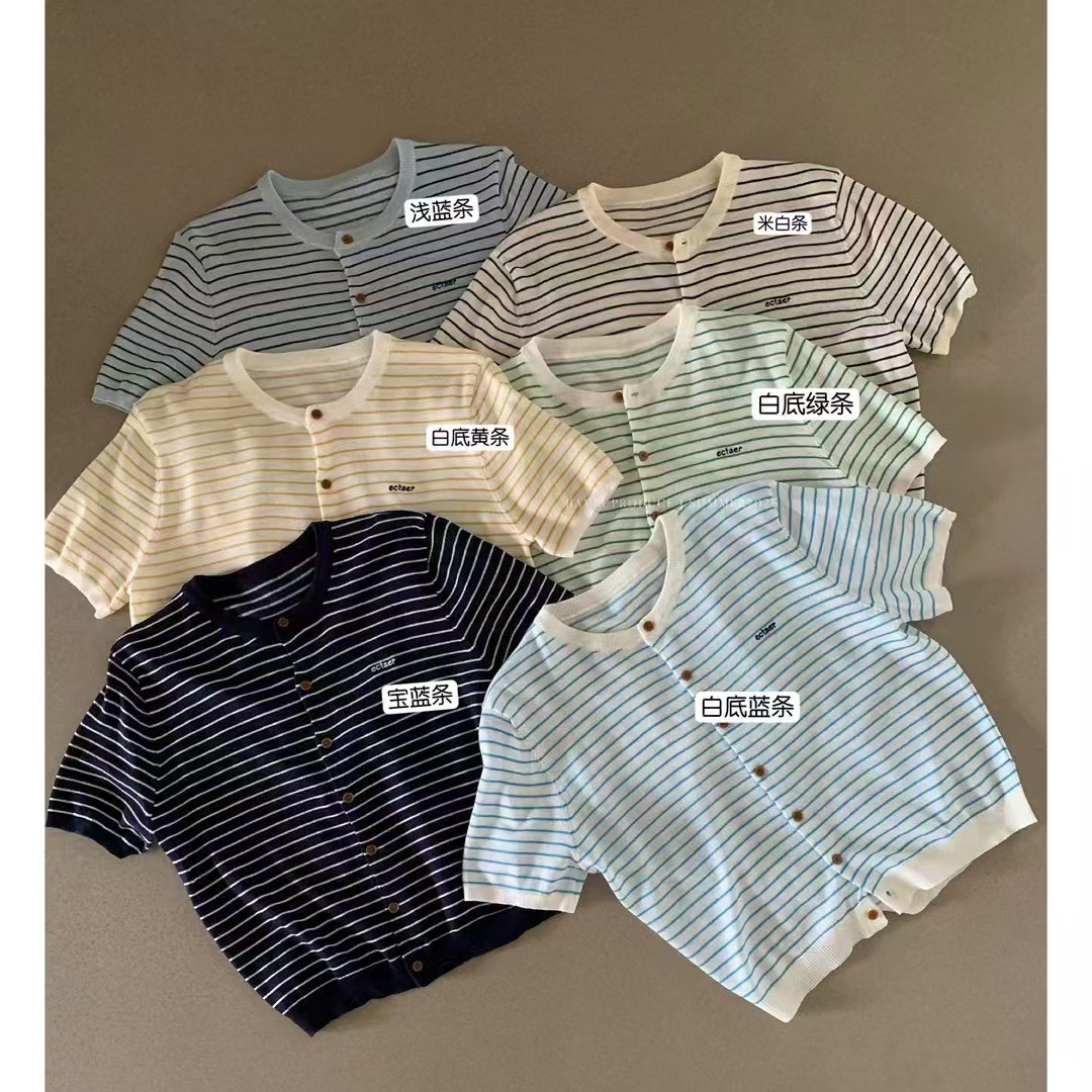 Have u刺绣条纹短袖开衫夏天贴身冰凉感足足的天丝亚麻短袖t