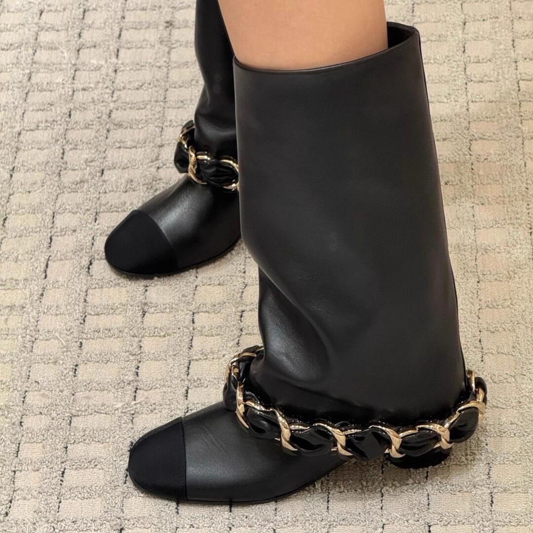 羊皮版~小香风链条高跟中筒靴女秋裤管靴高筒骑士靴粗跟长靴
