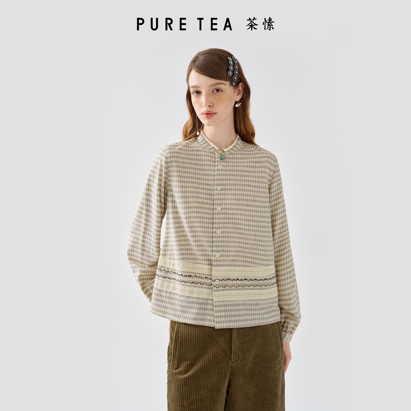 puretea茶愫复古学院细格纹立领长袖衬衫秋KB2101D31