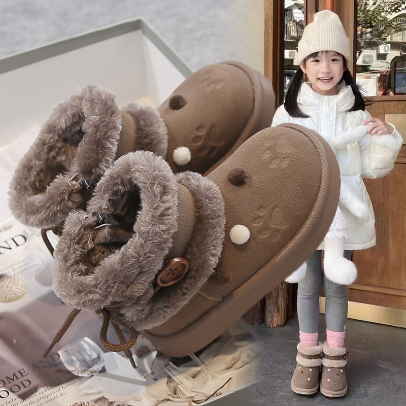 2025新款加绒加厚中大童保暖雪地靴女童冬季休闲短靴厚底可爱棉鞋