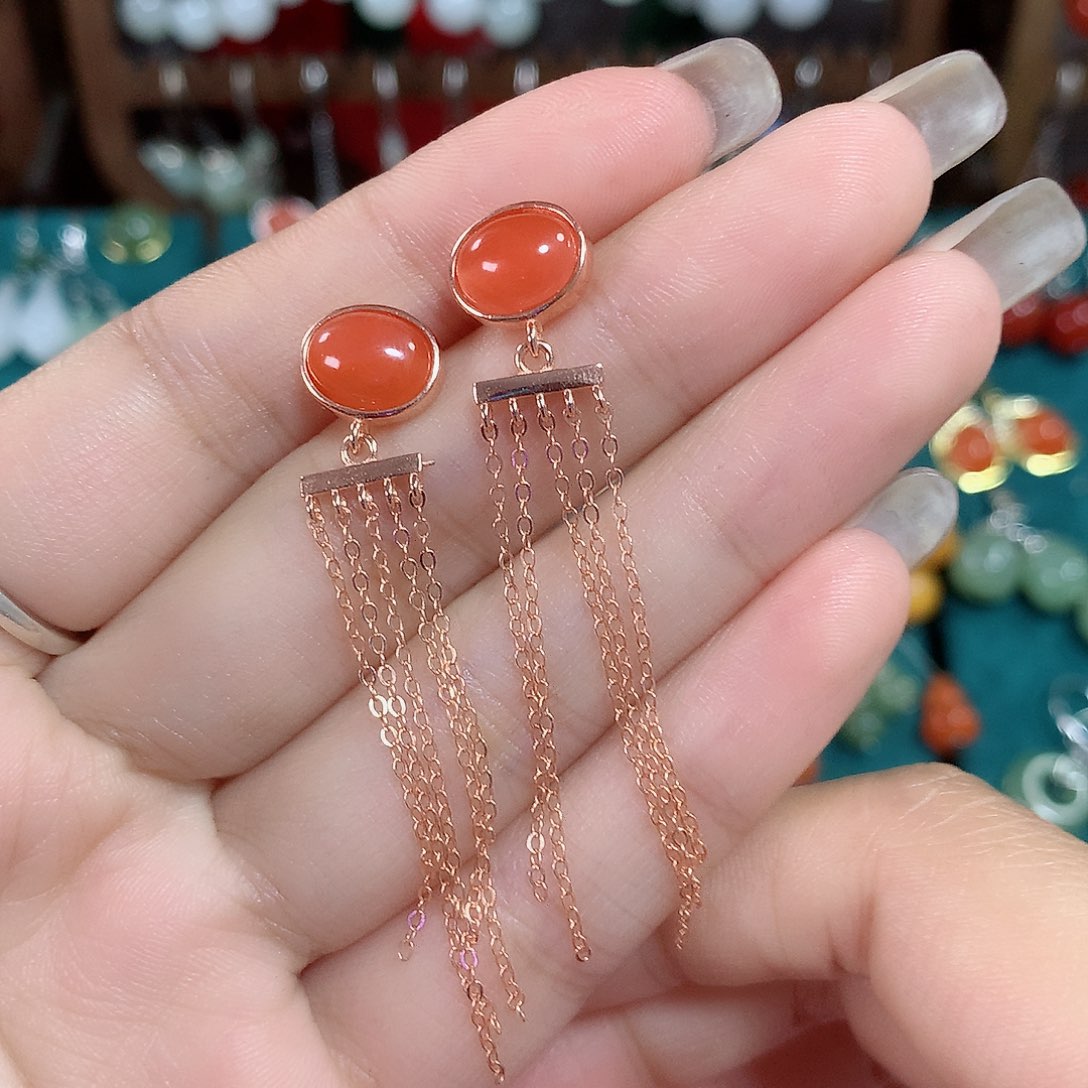 南红玛瑙耳饰银S925镶嵌流苏