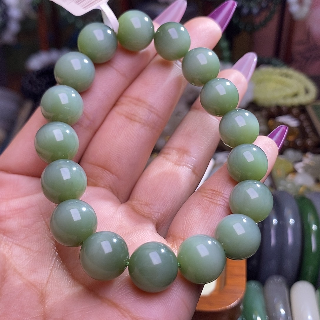 和田玉未镶嵌颈饰碧玉粉青猫眼老矿料特细约12mm手串