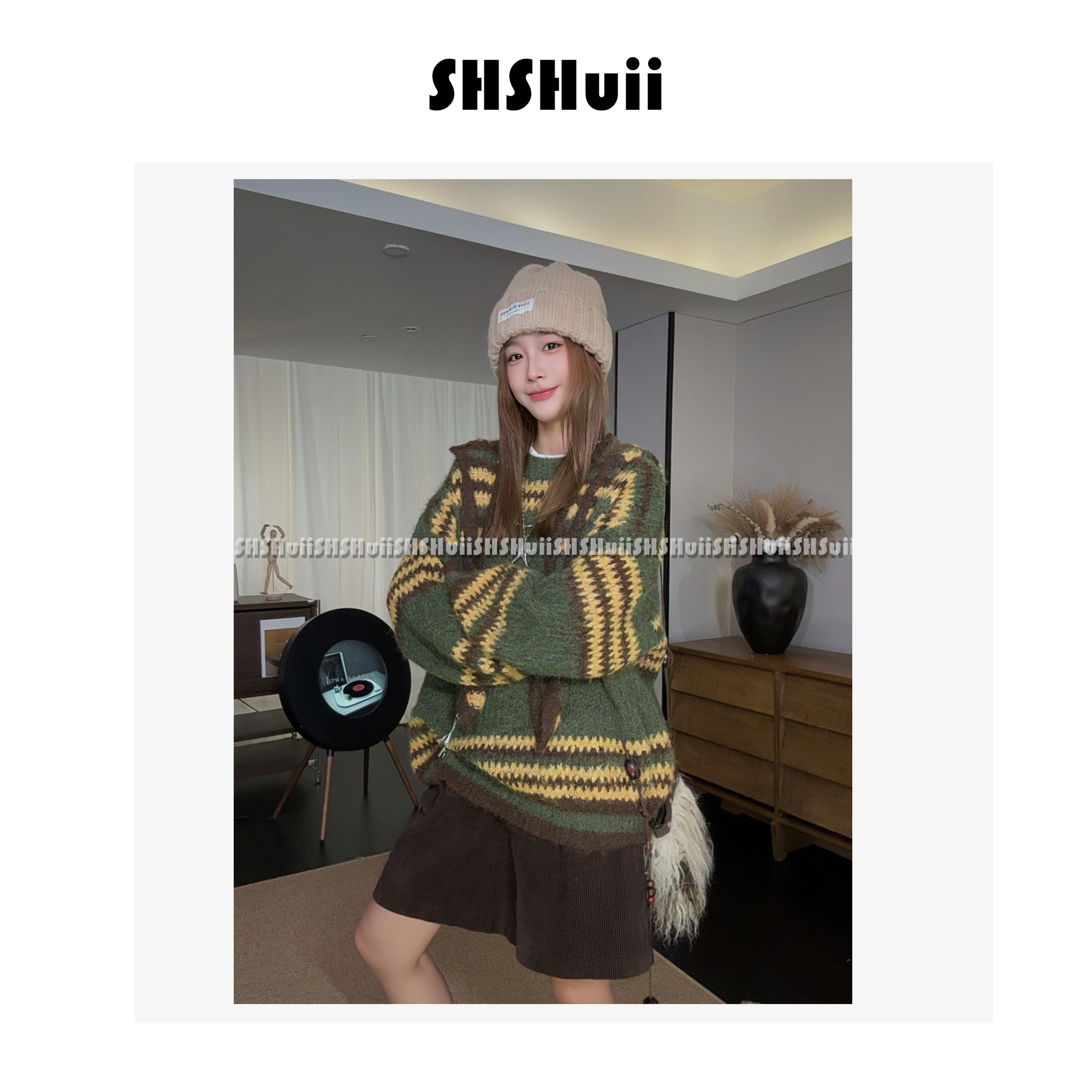 Aria-【小逸时光】宽松版针织条纹复古长袖毛衣/BOBE