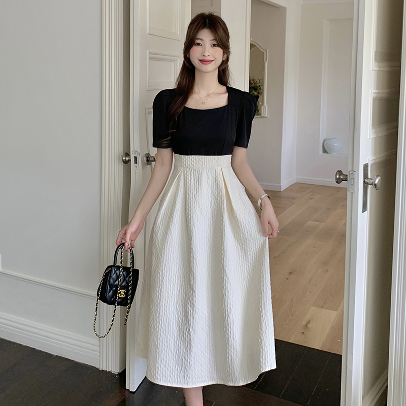 15256（46）胖妹妹大码优雅时尚拼接蝴蝶结收腰显瘦拼接连衣裙