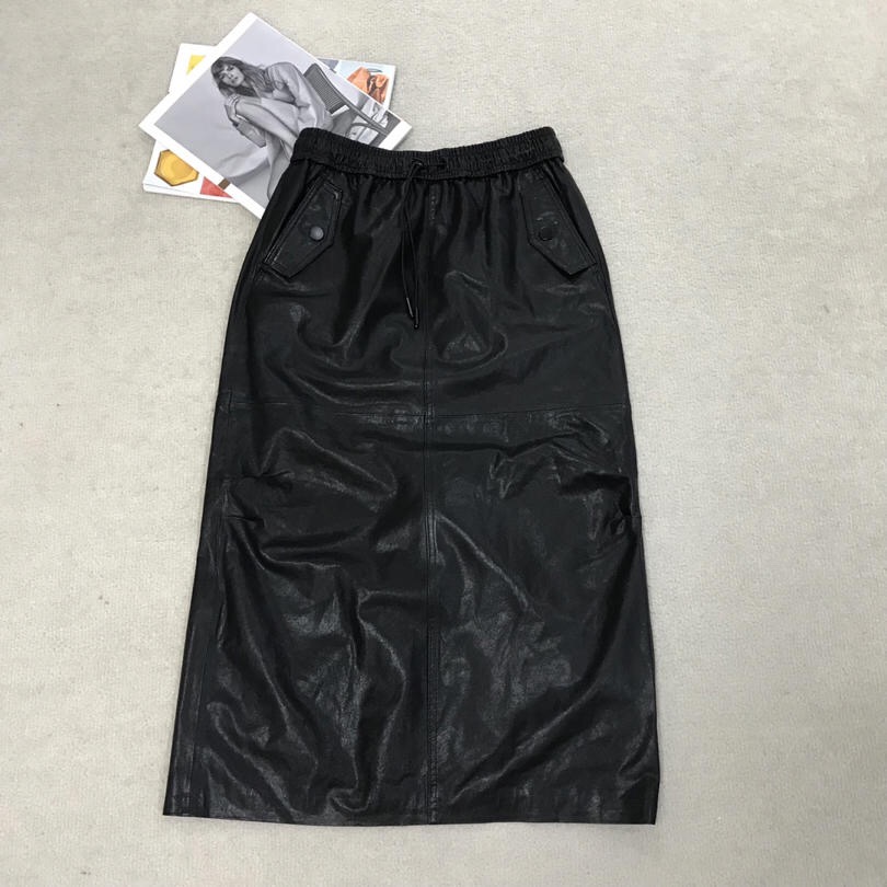 【柏卉服饰】后开叉松紧腰抽绳皮裙