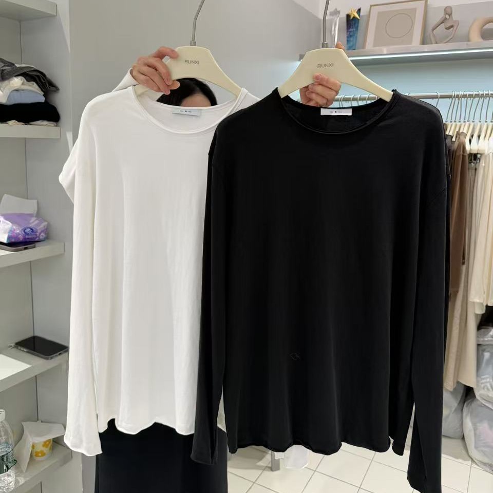 【慕懿时袋】纯色宽松慵懒软糯纯色长袖T恤打底衫上衣