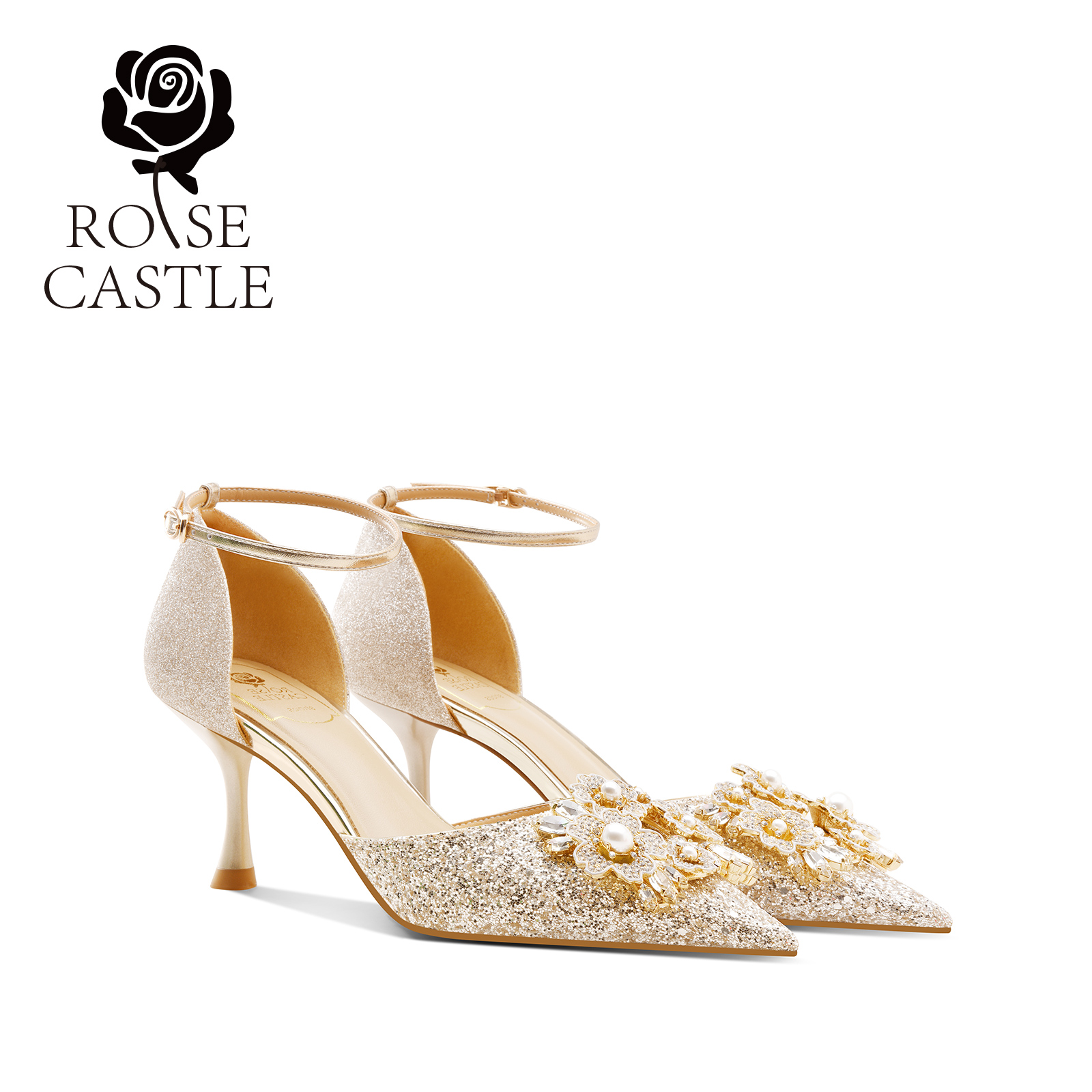 rosecastle璀璨之花气质尖头时装凉鞋女夏季时尚一字带金色高跟鞋