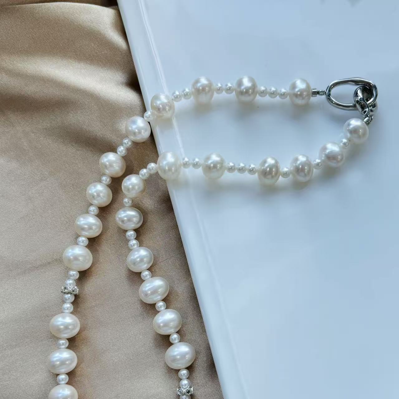 黎初铜合金3.4-10.8mm淡水珍珠无核+小米珠设计款珍珠项链