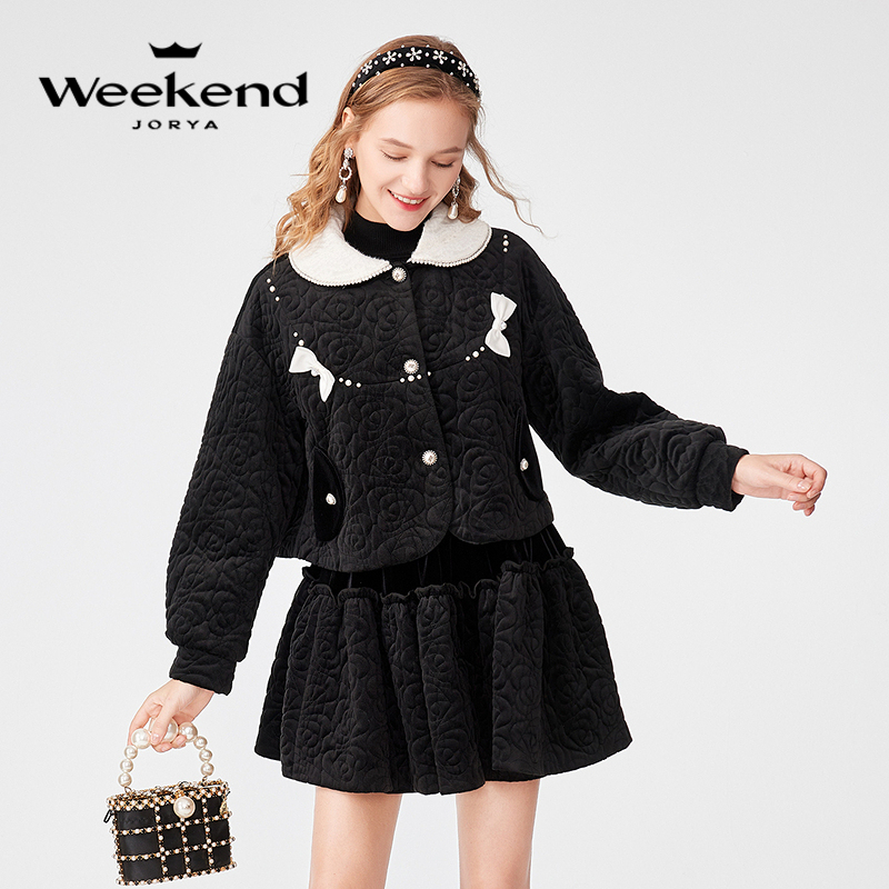 卓雅周末时尚丝绒蝴蝶结单排扣外套EJWCDX12