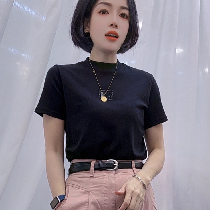 601圆领立领T恤女2025早秋韩版休闲时尚百搭修身显瘦短袖打底上衣