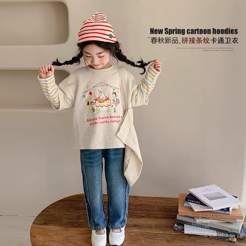 女童卫衣春秋装2025新款女孩内搭打底衫儿童假两件条纹拼接上衣