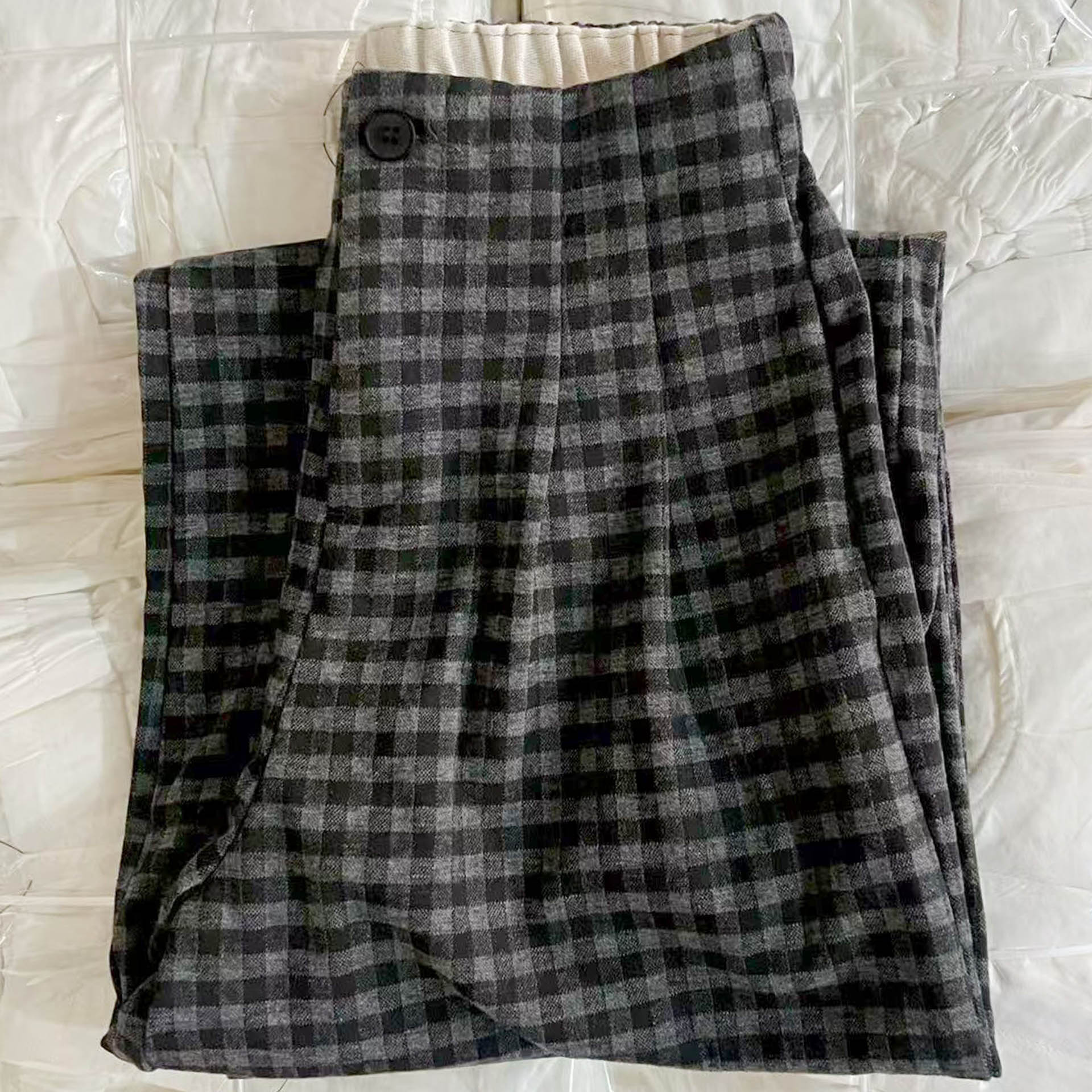 秋冬加绒加厚黑灰色格子西装阔腿裤女宽松显瘦慵懒风直筒休闲裤子