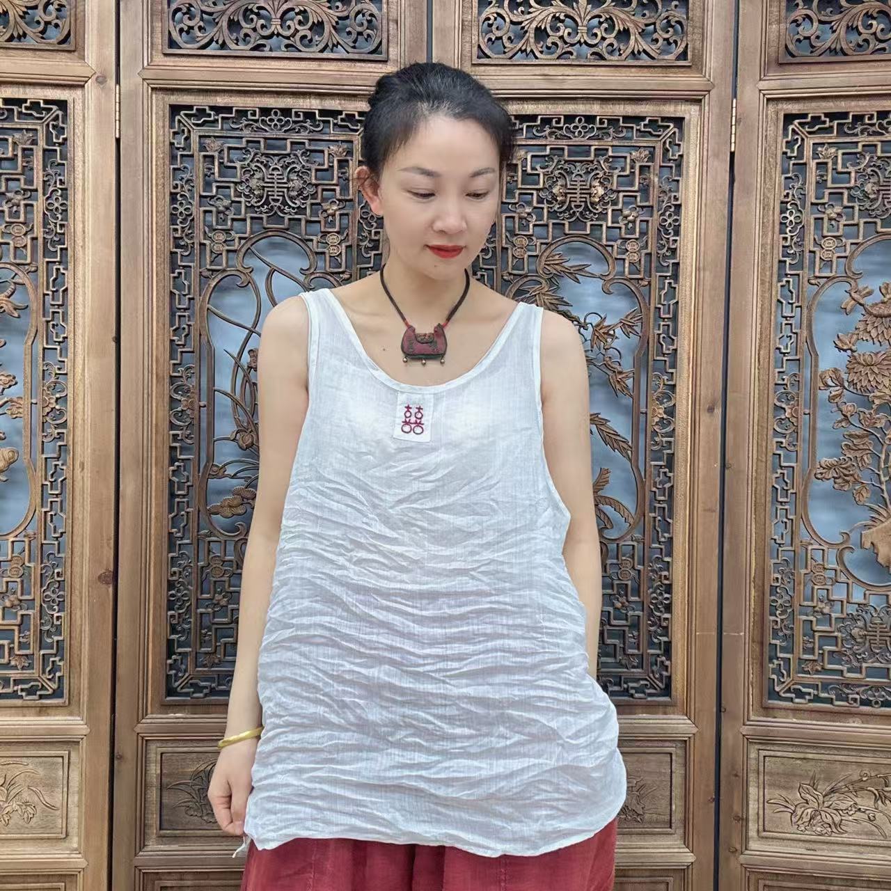 素陌  原创设计喜字纯色苎麻背心复古文艺四季通穿中长款背心