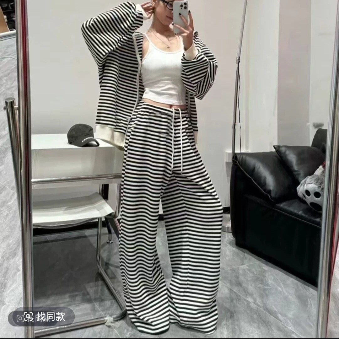 美式显瘦拉链长袖条纹卫衣套装女+高腰阔腿裤两件套休闲裤运动