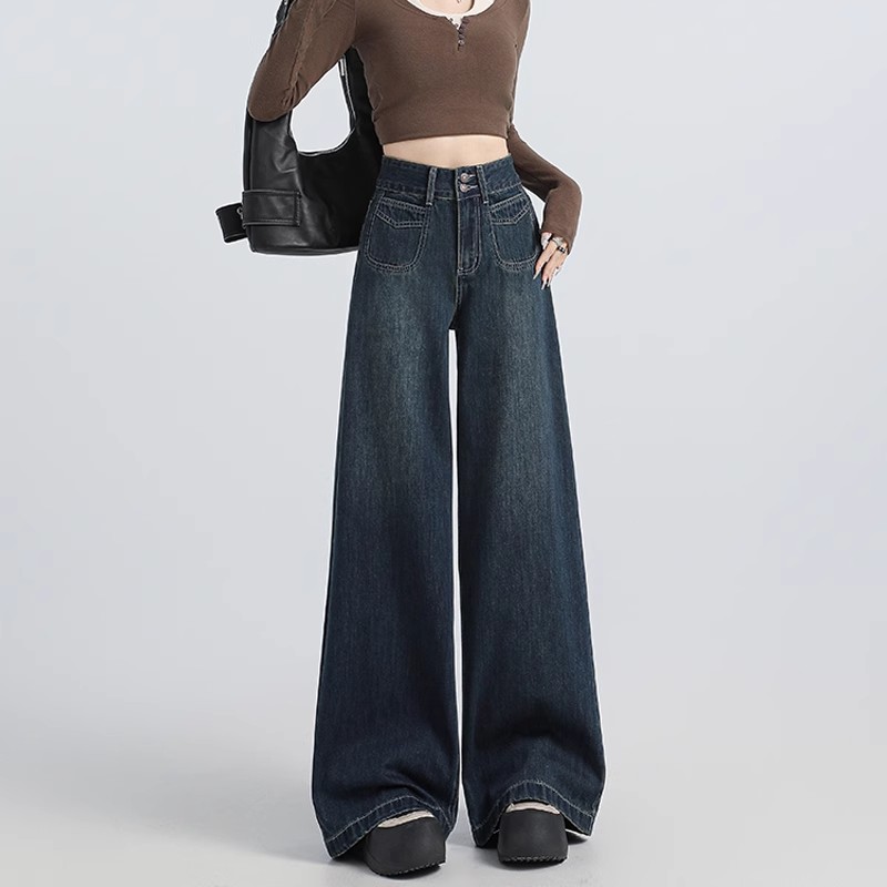 秋冬新款复古蓝加绒高腰阔腿牛仔裤女宽松遮胯显瘦时尚垂感拖地裤