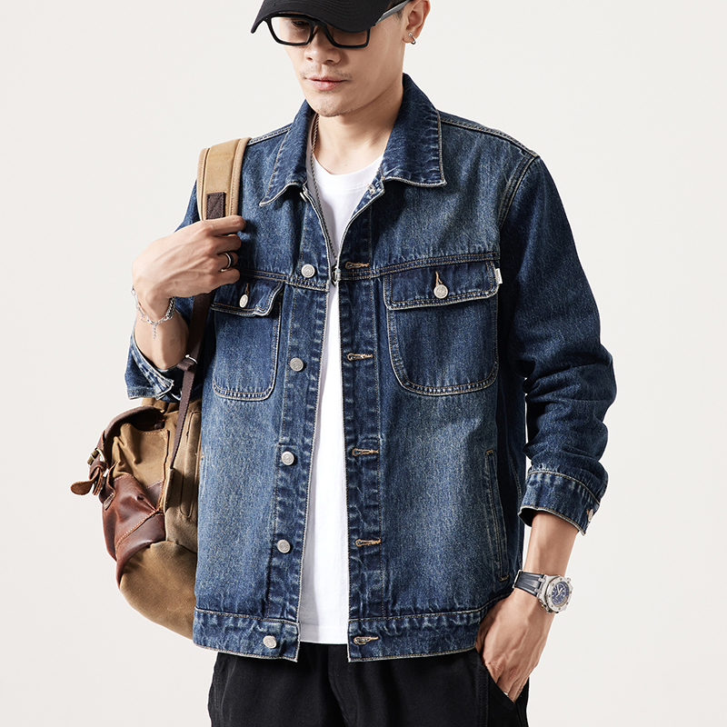 032J深蓝色大码牛仔衣秋季新款男潮流工装休闲夹克外套宽松上衣服