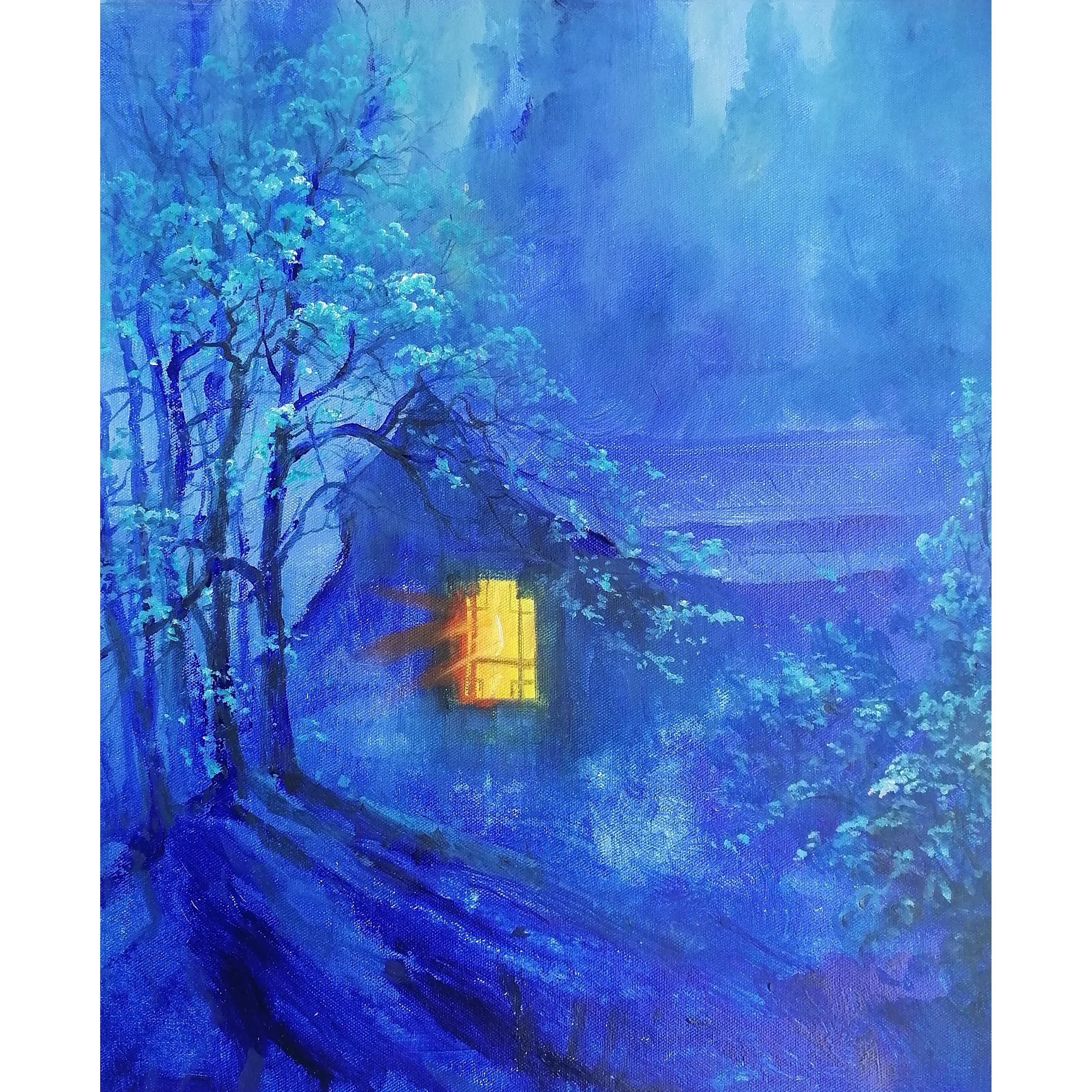 中式月光荷花油画艺术感客厅卧室背景墙卷轴挂画