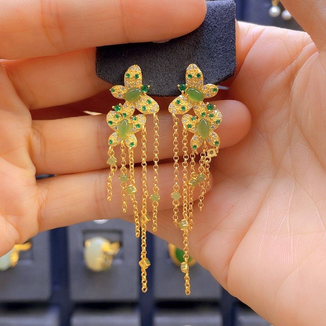 和田玉耳饰银S925镀金镶嵌