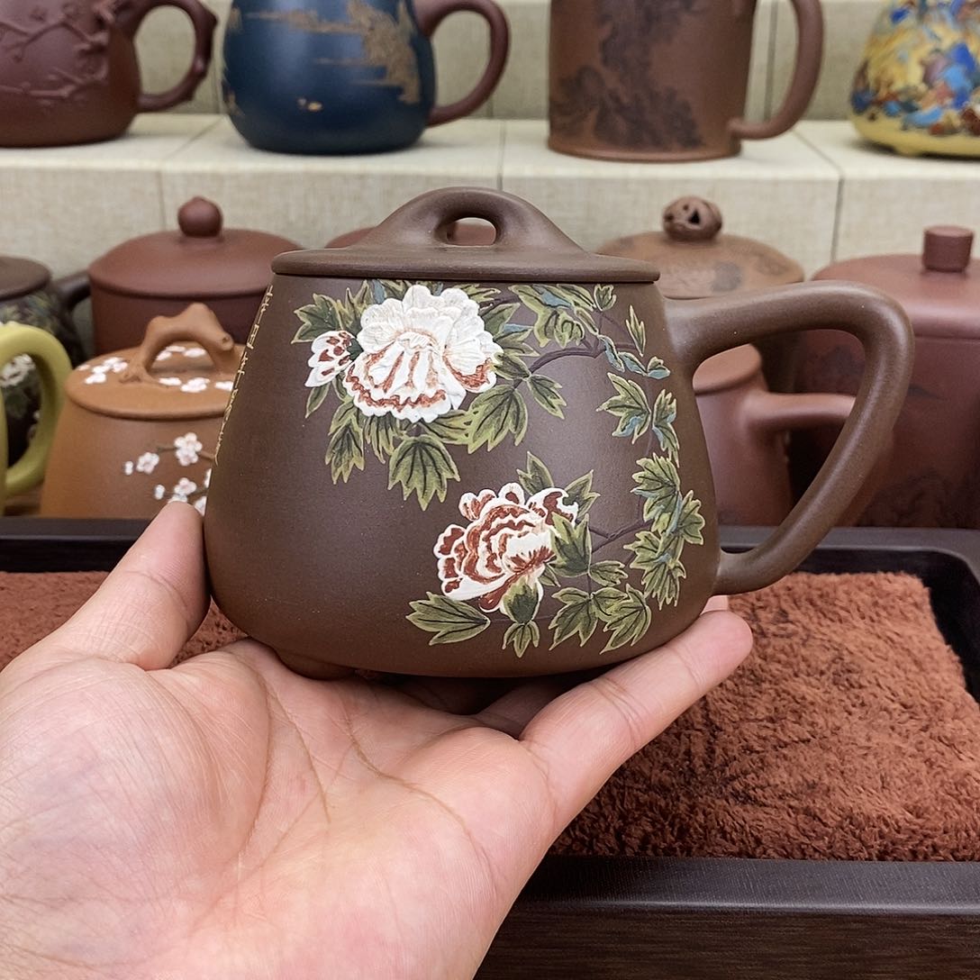 紫砂茶杯牡丹紫泥石瓢